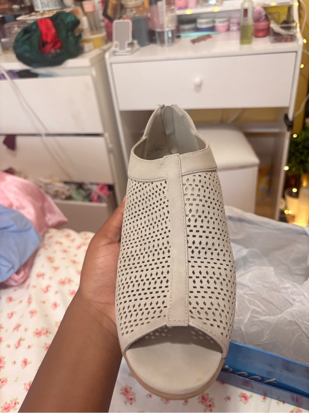 Women’s Beige Perforated Low Heel Booties